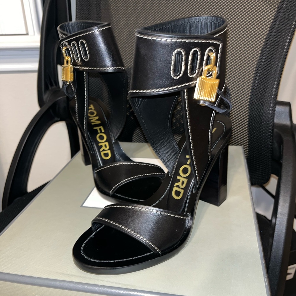 Tom Ford Black Leather Ankle-Cuff High Heel Sandals with Gold Padlock